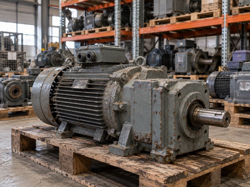 Mehrere industrielle Elektromotoren auf Holzpaletten in einer Lagerhalle.