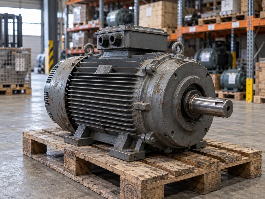 Industrieller Elektromotor auf einer Holzpalette im Lager.