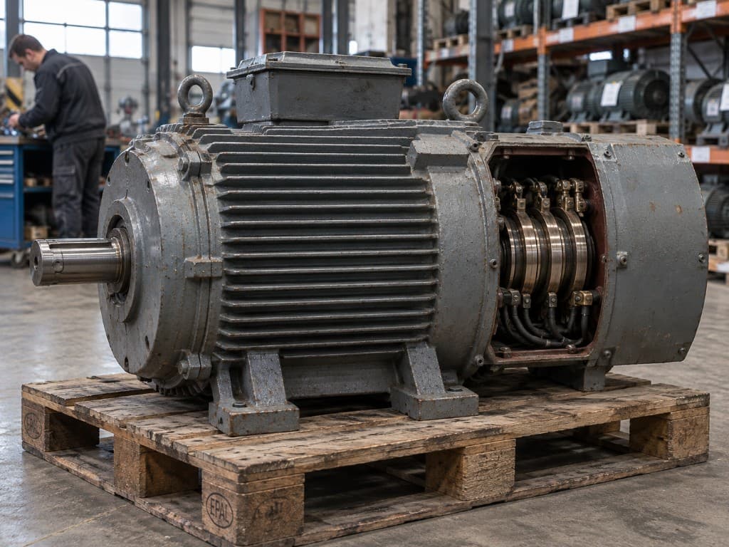 Gebrauchter Getriebemotor mit sichtbarem Getriebegehäuse auf einer Palette.